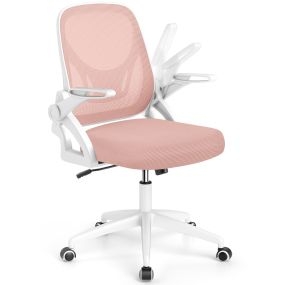 Silla de oficina ergonómica rosa con soporte lumbar, reposabrazos abatibles, ruedas y altura ajustable