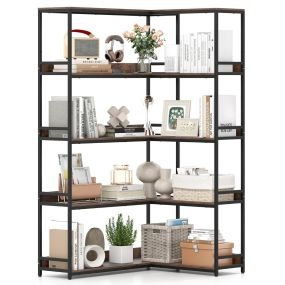 Estantería Esquinera de 5 Niveles con 10 Compartimentos Abiertos y Kir Antivuelco Librería Industrial con Patas para Salón Marrón