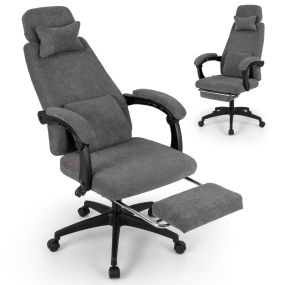 Silla de oficina reclinable de chenilla con reposabrazos acolchados, reposapiés y almohadas lumbar y cuello gris