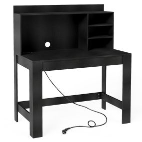 Escritorio de computadora con estantería, enchufes y agujero para cables, negro
