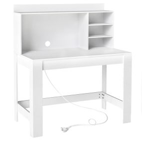 Escritorio de computadora con estantería, enchufes y agujero para cables, blanco
