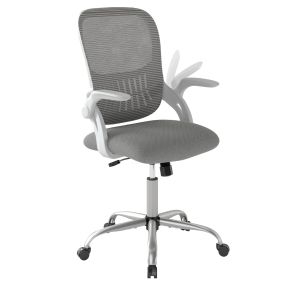 Silla de oficina ergonómica con respaldo de malla, reposabrazos abatibles, altura ajustable y ruedas gris