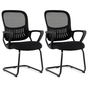 Set de 2 sillas de recepción para oficina con respaldo de malla, cesta de almacenaje y reposabrazos negro