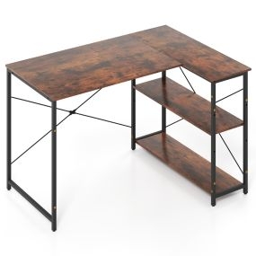 Escritorio en L con estante ajustable, estructura metálica, marrón y negro, 118 x 86 x 75 cm