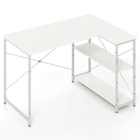 Escritorio en L con estante ajustable, estructura metálica, 118 x 86 x 75 cm, blanco