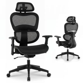 Silla de oficina ergonómica con ruedas, reposacabezas y reposabrazos ajustables, respaldo reclinable, altura regulable, negro