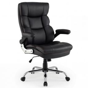 Silla de Escritorio Ergonómica de Cuero Negro con Altura Ajustable Balanceo Reposabrazos Abatibles y Ruedas para Oficina o Estudio