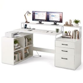 Escritorio en L blanco con tomas de corriente, cajón archivador, soporte para impresora y monitor