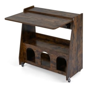 Mesa escritorio plegable móvil con ala plegable, estante abierto y 3 compartimentos con ruedas, marrón