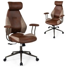 Silla ergonómica de oficina de ante marrón con reposacabezas 2D, respaldo basculante y ruedas