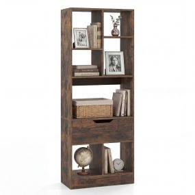 Estantería librería industrial delgada 7 espacios con cajón 50 x 24 x 130 cm marrón