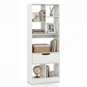 Estantería librería blanca minimalista con 7 espacios y cajón 50 x 24 x 130 cm