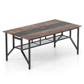 Mesa de conferencias rectangular para 6-8 personas con estante de malla y pasacables negra