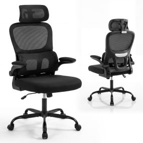 Silla ergonómica con ruedas, respaldo alto de malla, soporte lumbar, reposacabezas y reposabrazos abatibles, asiento de esponja
