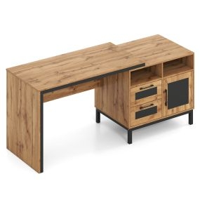 Escritorio de oficina natural 181x60x76 cm con compartimentos abiertos, cajones y armario 1 puerta
