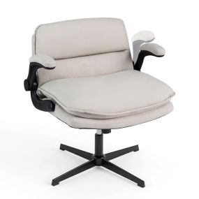 Silla de oficina con piernas cruzadas, reposabrazos abatibles, altura ajustable, beige