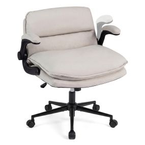 Silla de oficina con reposabrazos abatibles, altura ajustable, respaldo ancho y asiento acolchado beige