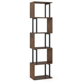Estantería de 5 Niveles Librería Geométrica en Forma de S con Estructura Metálica y Antivuelco para Salón Estudio Marrón Rústico