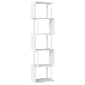 Estantería de 5 Niveles Librería Geométrica en Forma de S con Estructura Metálica y Antivuelco para Salón Estudio Blanco