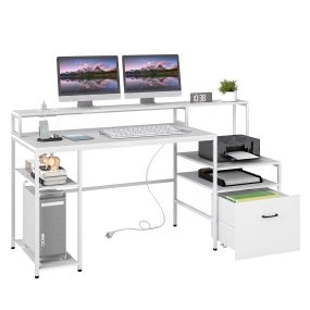 Mesa de ordenador blanca con enchufe multicarga, estantes, cajón, 166 x 60 x 88 cm, carga 210 kg