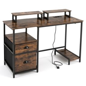 Mesa de Escritorio Industrial con Enchufe USB y Tipo C Cajones Dobles Estante para Monitor Gran Capacidad de Carga 140 x 48 x 87 cm Marrón