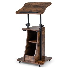 Soporte de podio móvil ajustable 72-112 cm con tablero inclinable y ruedas con freno marrón rústico