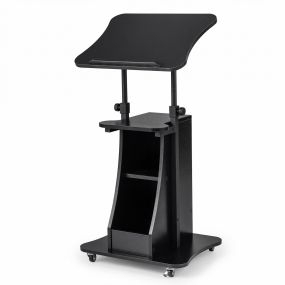 Soporte de podio móvil ajustable 72-112 cm con tablero inclinable, estantes y ruedas con freno negro