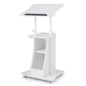Soporte de podio móvil ajustable 72-112 cm con tablero inclinable, estantes y ruedas con freno blanco