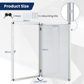 Tablón de anuncios con ventana PET, cierre antirrobo, marco de aluminio plata, 90 x 60 x 3,2 cm