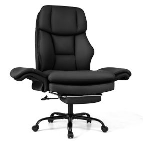 Silla de oficina grande con reposapiés, brazos abatibles, respaldo reclinable, cuero negro, 150 kg