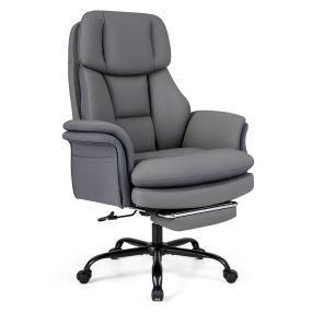 Silla de oficina grande con reposapiés, brazos abatibles, respaldo reclinable, bolsillo lateral, regulable, 150 kg, cuero antirrayas, gris