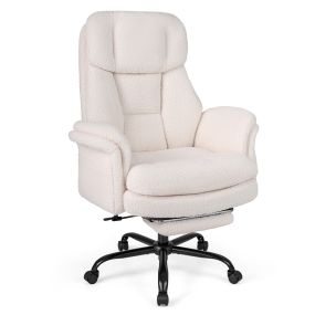 Silla de oficina grande con reposapiés, brazos abatibles, respaldo reclinable, lana de cordero blanca