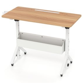 Escritorio móvil regulable en altura con patas triangulares, cesta de tela y ruedas con freno, madera natural, 80 x 40 x 70-117 cm