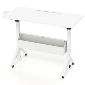 Escritorio móvil regulable en altura con patas triangulares, cesta de tela y ruedas con freno, blanco 80 x 40 x 70-117 cm
