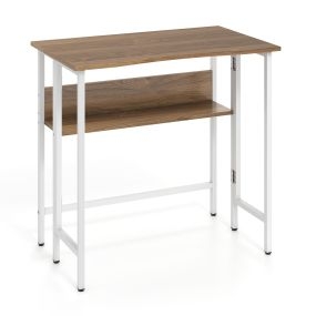 Escritorio plegable con estante inferior, armazón metálico, natural, 80 x 47 x 76 cm