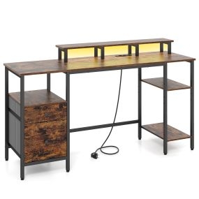 Escritorio Industrial con Luces RGB y Enchufe Europeo con Puertos USB y Tipo C Cajones de Gran Almacenamiento 147,5 x 45,5 x 86 cm Marrón