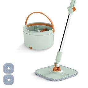 Set de mopa y cubo con escurridor para suelo plano con 2 paños de microfibra lavables verde