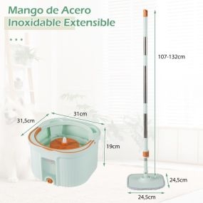 Fregona giratoria con cubo separador de agua limpia y sucia, cabezal cuadrado autoescurrible, microfibra verde menta