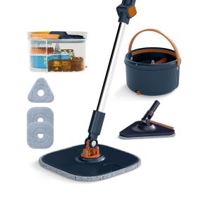 Set de mopa y cubo con escurridor para suelo plano azul con 2 cabezales y 9 paños de microfibra