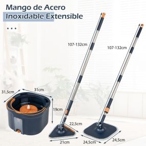 Juego de fregona giratoria con cubo, separación de agua limpia y sucia, cabezales cuadrado y triangular, azul marino