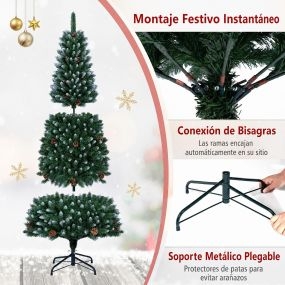 Árbol de Navidad 220 cm Tipo Lápiz con 720 Ramas Piñas Decorativas Fácil de Montar Anti Desgaste Base Firme Decoración para Interior Verde