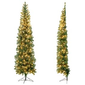 210 cm Árbol de Navidad Media Forma Pre-Iluminado Ahorra Espacio 450 Puntas de Ramas 150 Luces LED Soporte Metálico Plegable