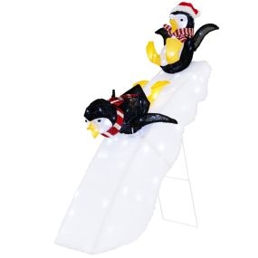 120 cm Pinguino Navideño LED con Gorro y Bufanda Decoración de Navidad Iluminada con 130 LEDs Blancos Fríos Decoración Invernal con Estacas