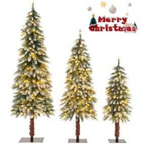 90/120/150cm Conjunto de 3 Árbol de Navidad Nevado con Luces LED Blancas Cálidas y Ramas de PVC