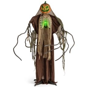 Altura 175 cm Figura de Calabaza de Halloween Luz en Pecho Sonido Espeluznante Vibración Activada Botón de Control Listo para Comprar Marrón