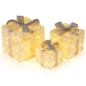 Cajas de Regalos LED Navideñas Set de 3 Piezas con Lazos para Interior y Exterior Resistente a la Intemperie