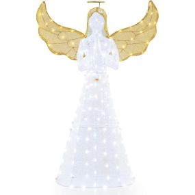 Ángel Festivo Preiluminado de 155 cm Decoración Iluminado para Jardín con Halo Alas y 150 Luces LED Figura Navideña Alada Bridas y Estacas