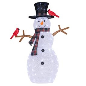 Decoración navideña iluminada muñeco de nieve y pájaros rojos 127 cm con luces LED blancas frías y estacas