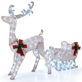 Juego de Reno y Trineo Navideño Luces LED Blancas Frías Tejido Purpurina Estructura Resistente Fácil de Montar Decoración Exterior Dorado