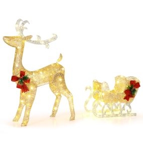 Reno y Trineo de Navidad Iluminados Decoración Navideña de Exterior con 100 Luces Blancas Cálidas para Patio Casa Tienda